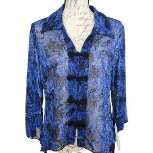 CB Career Ladies Size Medium Blue Paisley Sheer Button Front Blouse